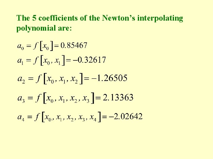 The 5 coefficients of the Newton’s interpolating polynomial are: 