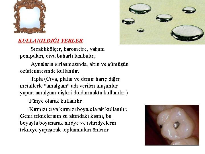  KULLANILDIĞI YERLER Sıcaklıkölçer, barometre, vakum pompaları, civa buharlı lambalar, Aynaların sırlanmasında, altın ve