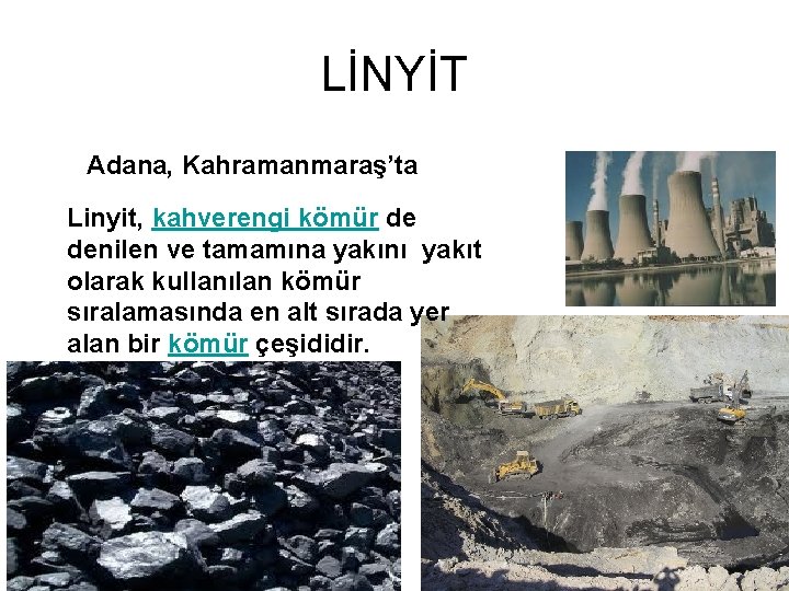 LİNYİT Adana, Kahramanmaraş’ta Linyit, kahverengi kömür de denilen ve tamamına yakını yakıt olarak kullanılan