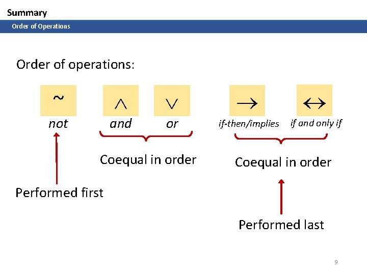 Summary Order of Operations Order of operations: ~ not and or if-then/implies if and