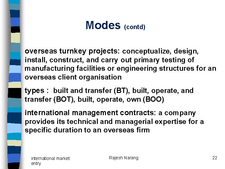 Modes (contd) overseas turnkey projects: conceptualize, design, install, construct, and carry out primary testing Modes (contd) overseas turnkey projects: conceptualize, design, install, construct, and carry out primary testing