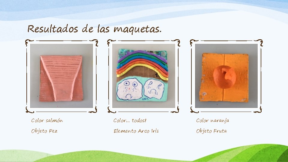 Resultados de las maquetas. Color salmón Color… todos! Color naranja Objeto Pez Elemento Arco