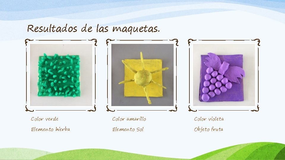 Resultados de las maquetas. Color verde Color amarillo Color violeta Elemento hierba Elemento Sol