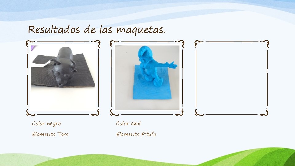 Resultados de las maquetas. Color negro Color azul Elemento Toro Elemento Pitufo 