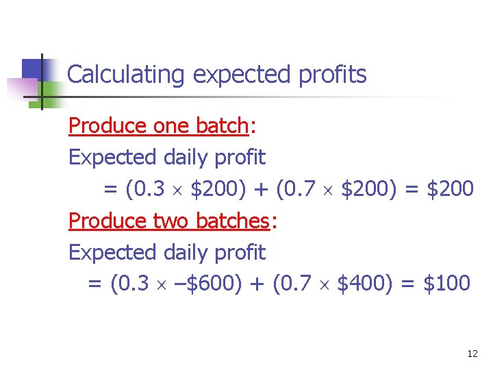 Calculating expected profits Produce one batch: Expected daily profit = (0. 3 $200) +