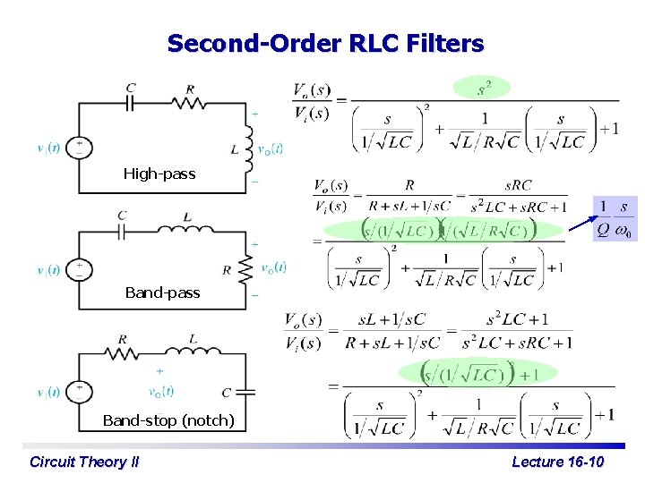 Second-Order RLC Filters High-pass Band-stop (notch) Circuit Theory II Lecture 16 -10 