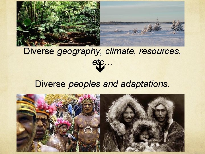 Diverse geography, climate, resources, etc… Diverse peoples and adaptations. 