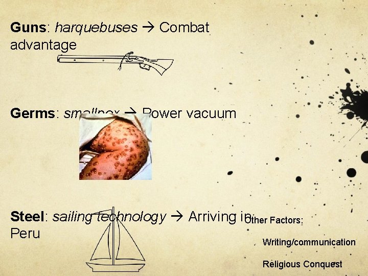 Guns: harquebuses Combat advantage Germs: smallpox Power vacuum Steel: sailing technology Arriving in. Other