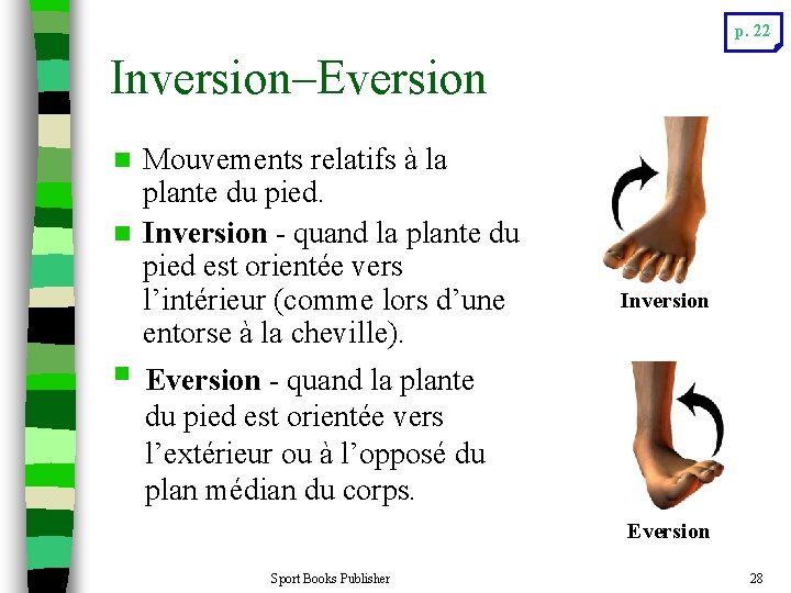 p. 22 Inversion–Eversion Mouvements relatifs à la plante du pied. n Inversion - quand