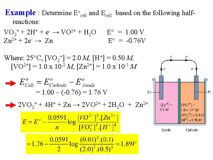 Example : Determine Eocell and Ecell based on the following half- reactions: VO 2+