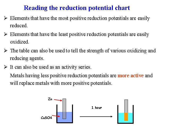 Reading the reduction potential chart Ø Elements that have the most positive reduction potentials