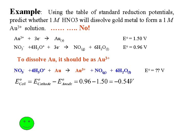 Example: Using the table of standard reduction potentials, predict whether 1 M HNO 3