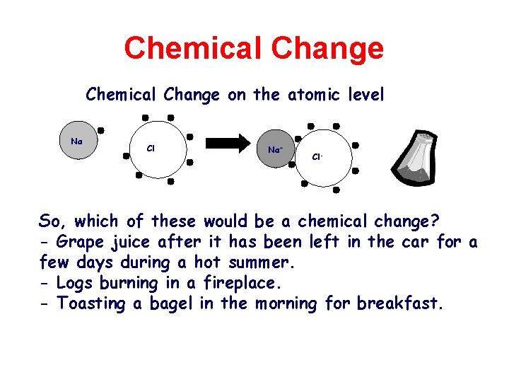 Chemical Change on the atomic level Na Cl Na+ Cl- So, which of these