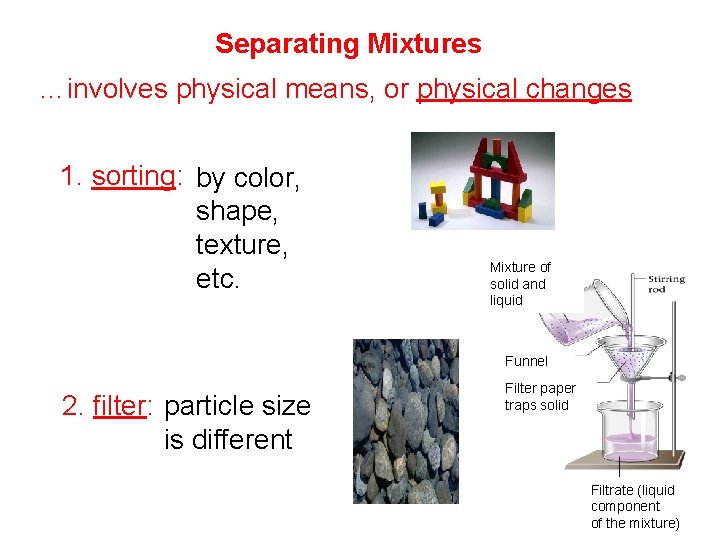 Separating Mixtures …involves physical means, or physical changes 1. sorting: by color, shape, texture,