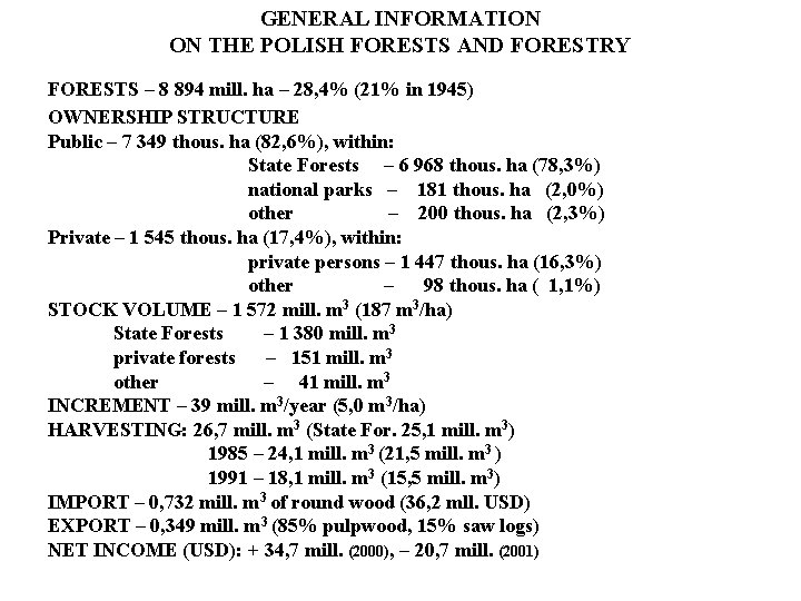 GENERAL INFORMATION ON THE POLISH FORESTS AND FORESTRY FORESTS – 8 894 mill. ha