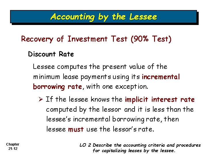 Accounting by the Lessee Recovery of Investment Test (90% Test) Discount Rate Lessee computes