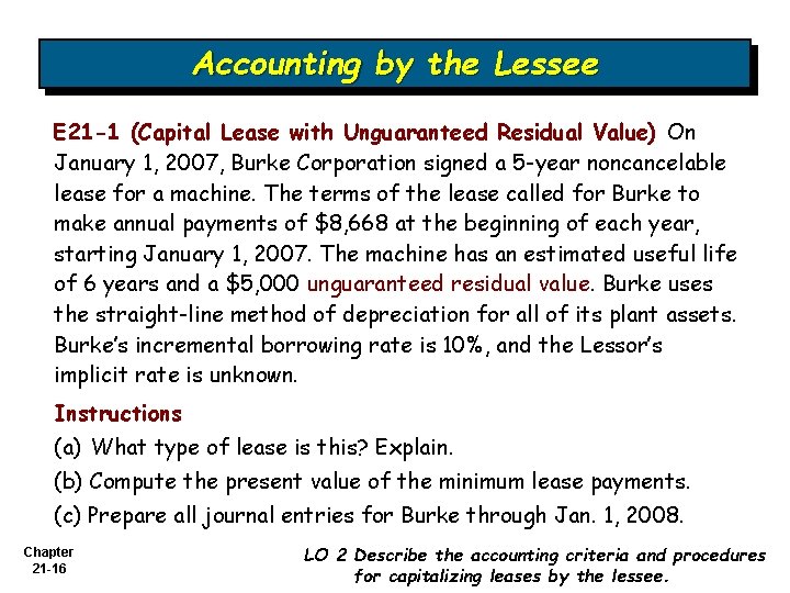 Accounting by the Lessee E 21 -1 (Capital Lease with Unguaranteed Residual Value) On