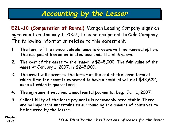 Accounting by the Lessor E 21 -10 (Computation of Rental) Morgan Leasing Company signs