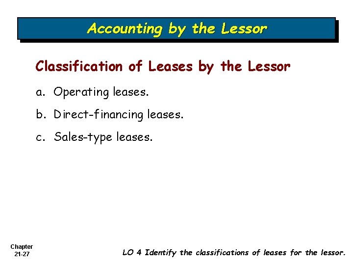 Accounting by the Lessor Classification of Leases by the Lessor a. Operating leases. b.