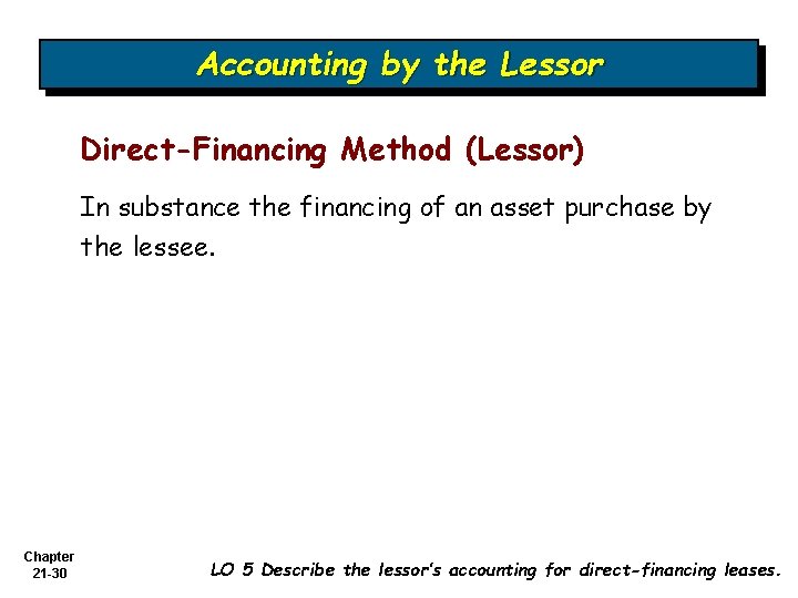 Accounting by the Lessor Direct-Financing Method (Lessor) In substance the financing of an asset