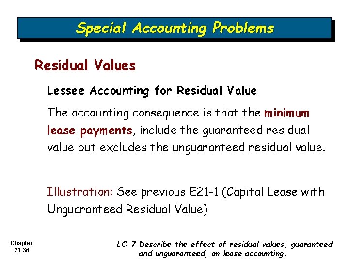 Special Accounting Problems Residual Values Lessee Accounting for Residual Value The accounting consequence is