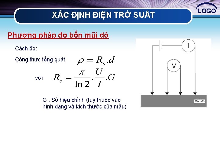 XÁC ĐỊNH ĐIỆN TRỞ SUẤT Phương pháp đo bốn mũi dò Cách đo: Công