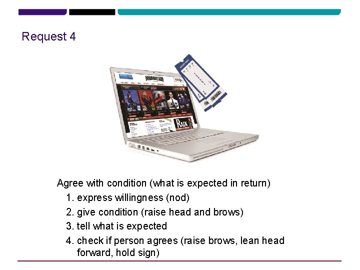 Request 4 Agree with condition (what is expected in return) 1. express willingness (nod)