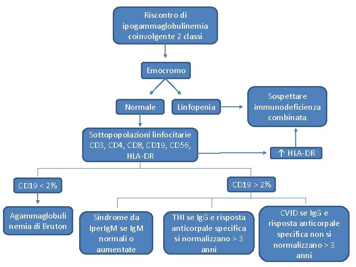 Riscontro di ipogammaglobulinemia coinvolgente 2 classi Emocromo Normale Sospettare immunodeficienza combinata Linfopenia Sottopopolazioni linfocitarie