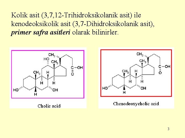 Kolik asit (3, 7, 12 -Trihidroksikolanik asit) ile kenodeoksikolik asit (3, 7 -Dihidroksikolanik asit),