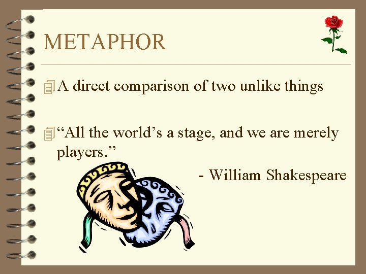 METAPHOR 4 A direct comparison of two unlike things 4 “All the world’s a