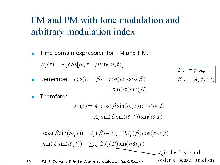 FM and PM with tone modulation and arbitrary modulation index n Time domain expression