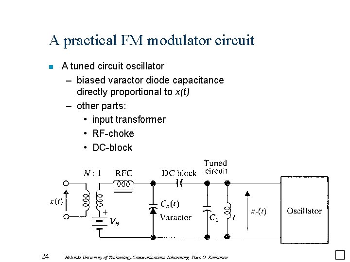 A practical FM modulator circuit n 24 A tuned circuit oscillator – biased varactor