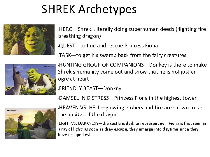 SHREK Archetypes HERO—Shrek…literally doing superhuman deeds ( fighting fire breathing dragon) • • QUEST—to