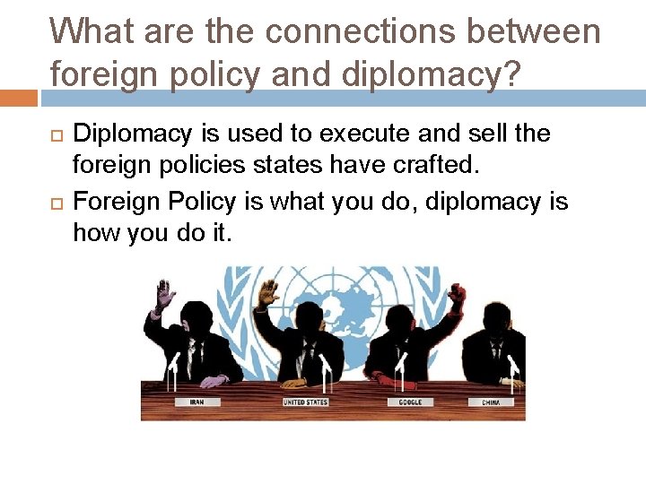What are the connections between foreign policy and diplomacy? Diplomacy is used to execute What are the connections between foreign policy and diplomacy? Diplomacy is used to execute