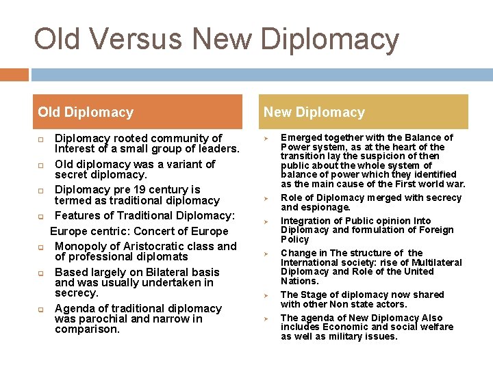Old Versus New Diplomacy Old Diplomacy q q Diplomacy rooted community of Interest of Old Versus New Diplomacy Old Diplomacy q q Diplomacy rooted community of Interest of