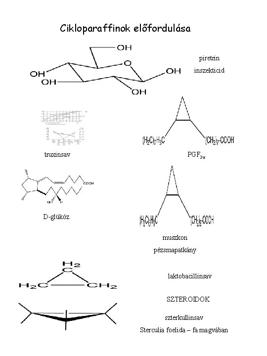 Cikloparaffinok előfordulása piretrin inszekticid truxinsav PGF 2 a D-glükóz muszkon pézsmapatkány laktobacillinsav SZTEROIDOK szterkullinsav