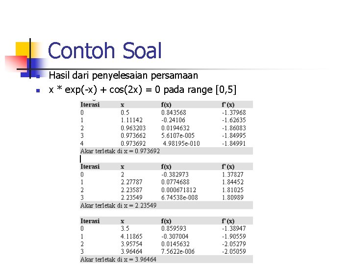 Contoh Soal n n Hasil dari penyelesaian persamaan x * exp(-x) + cos(2 x)