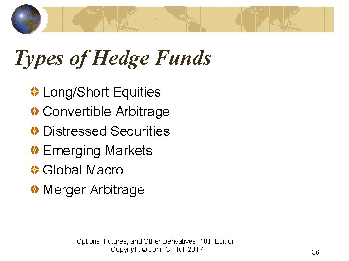 Types of Hedge Funds Long/Short Equities Convertible Arbitrage Distressed Securities Emerging Markets Global Macro