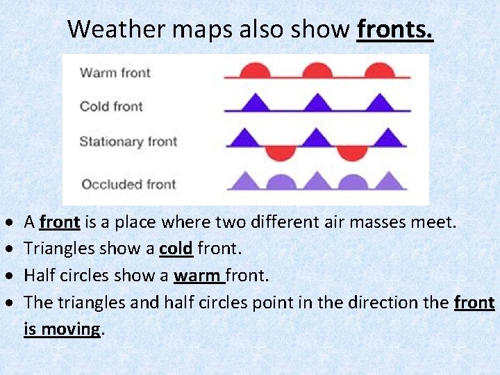 Weather maps also show fronts. A front is a place where two different air