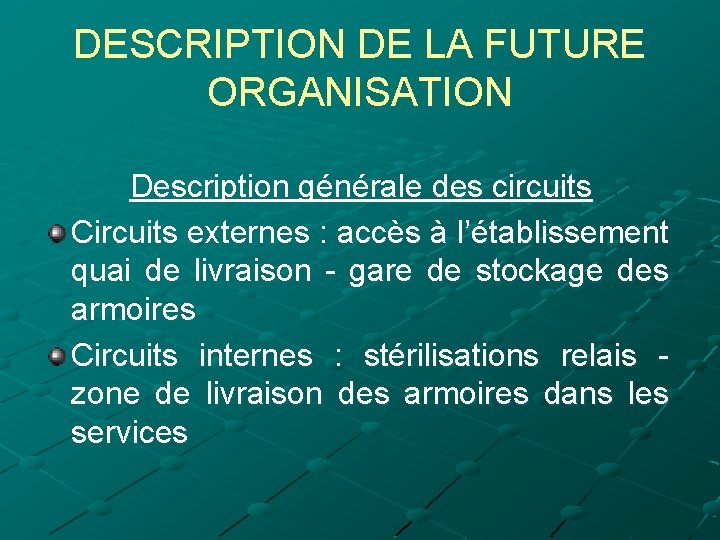 DESCRIPTION DE LA FUTURE ORGANISATION Description générale des circuits Circuits externes : accès à