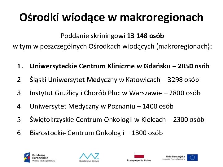 Ośrodki wiodące w makroregionach Poddanie skriningowi 13 148 osób w tym w poszczególnych Ośrodkach