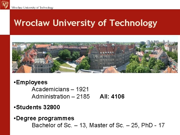 Wrocław University of Technology • Employees Academicians – 1921 Administration – 2185 All: 4106