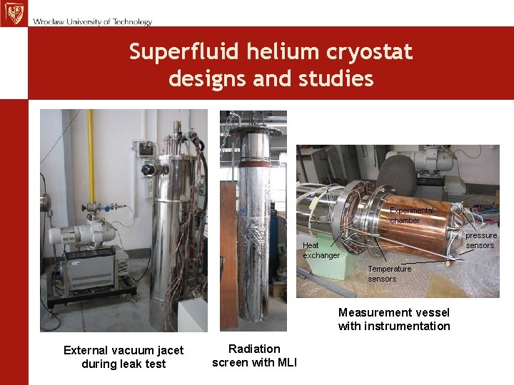 Superfluid helium cryostat designs and studies Measurement vessel with instrumentation External vacuum jacet during