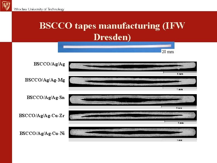 BSCCO tapes manufacturing (IFW Dresden) 20 mm BSCCO/Ag/Ag-Mg BSCCO/Ag/Ag-Sn BSCCO/Ag/Ag-Cu-Zr BSCCO/Ag/Ag-Cu-Ni 