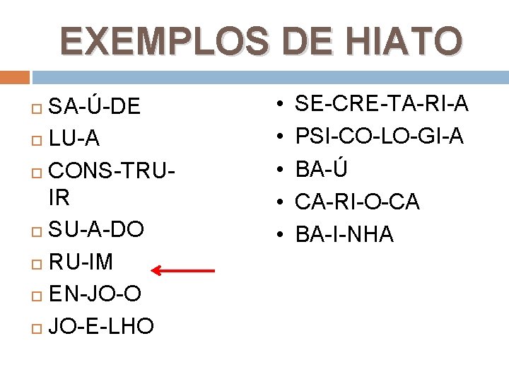 EXEMPLOS DE HIATO SA-Ú-DE LU-A CONS-TRUIR SU-A-DO RU-IM EN-JO-O JO-E-LHO • • • SE-CRE-TA-RI-A