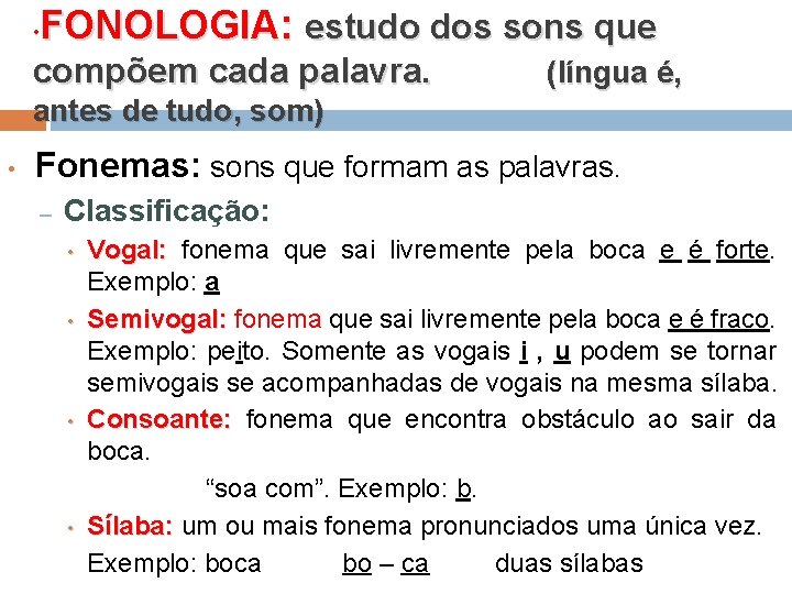 FONOLOGIA: estudo dos sons que • compõem cada palavra. (língua é, antes de tudo,