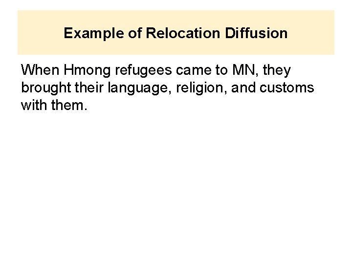 Example of Relocation Diffusion When Hmong refugees came to MN, they brought their language,