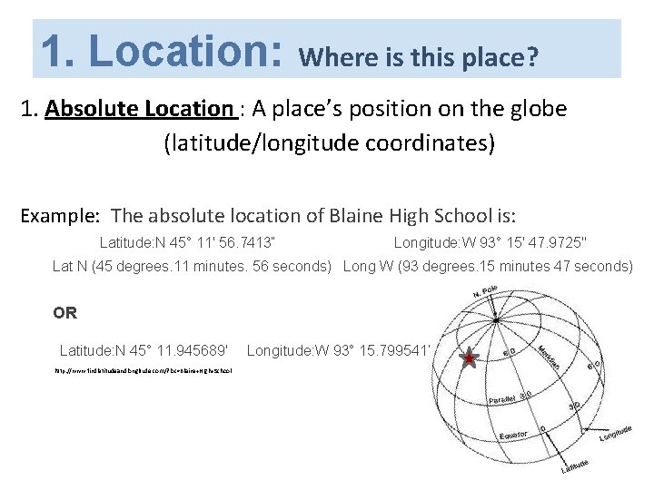 1. Location: Where is this place? 1. Absolute Location : A place’s position on