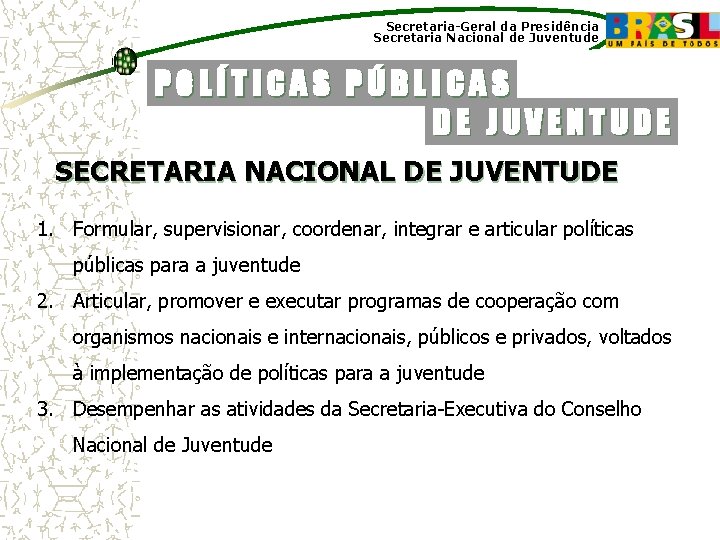 Secretaria-Geral da Presidência Secretaria Nacional de Juventude POLÍTICAS PÚBLICAS DE JUVENTUDE SECRETARIA NACIONAL DE