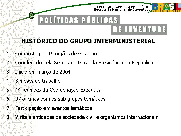 Secretaria-Geral da Presidência Secretaria Nacional de Juventude POLÍTICAS PÚBLICAS DE JUVENTUDE HISTÓRICO DO GRUPO